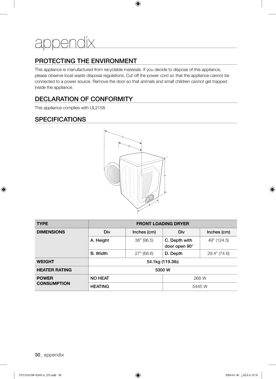 Samsung DV219AE* Protecting The Environment, Declaration Of Conformity, Specifications, appendix, Type, Dimensions, Weight 