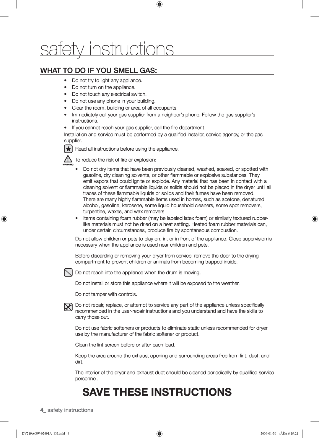 Samsung DV219AGW, DV219AE*, DV219AG* user manual What To Do If You Smell Gas, safety instructions, Save These Instructions 