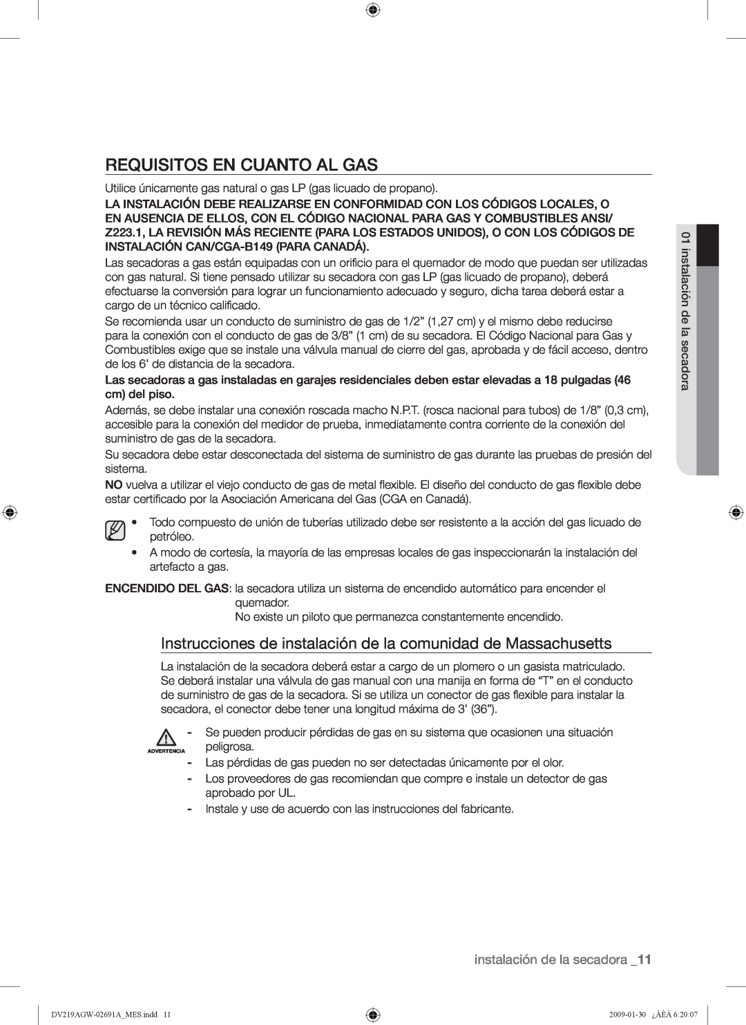 Samsung DV219AE*, DV219AGW Requisitos En Cuanto Al Gas, Instrucciones de instalación de la comunidad de Massachusetts 