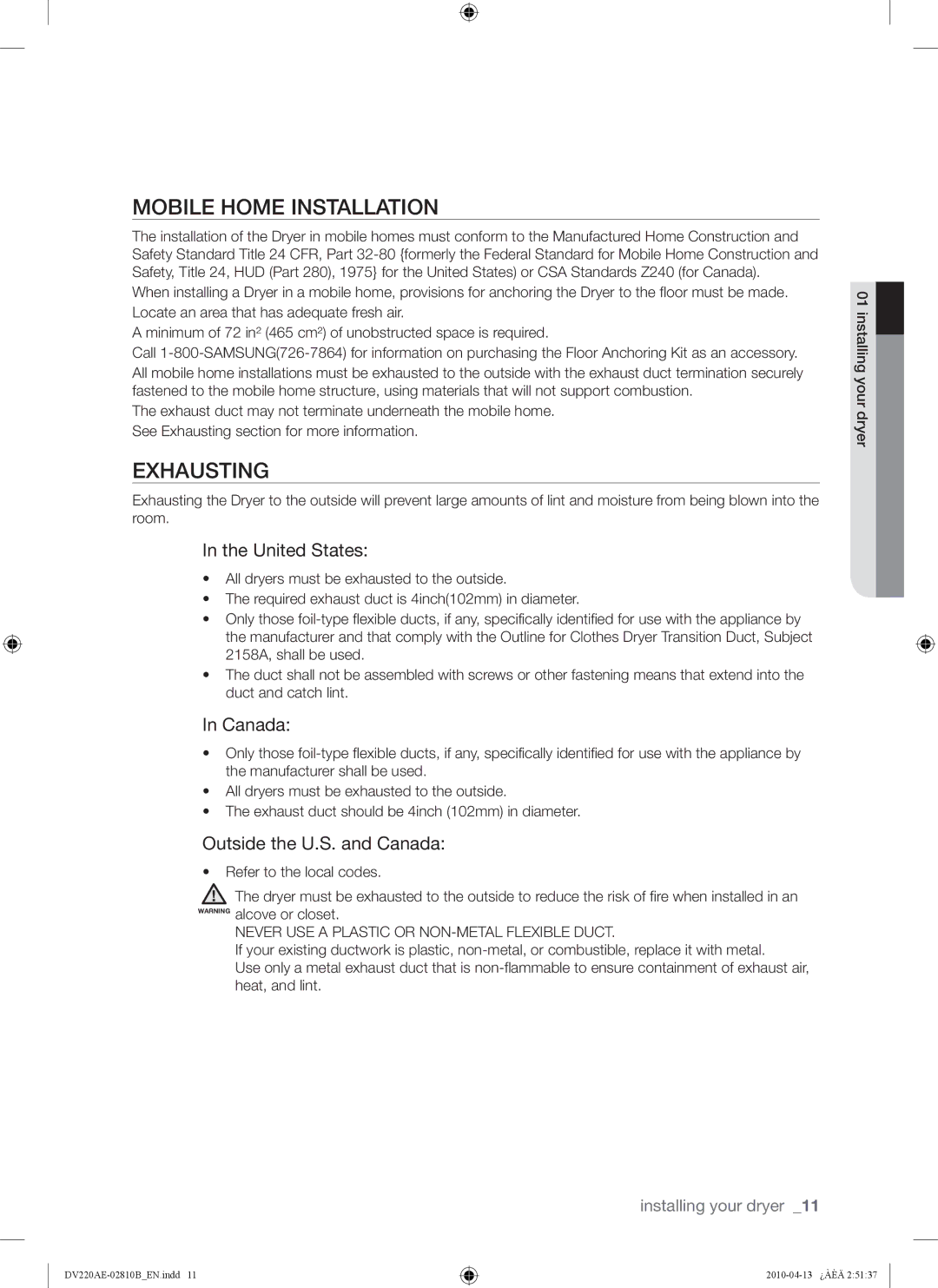 Samsung DV210AEW, DV220AEW user manual Mobile Home Installation, Exhausting, United States, Outside the U.S. and Canada 