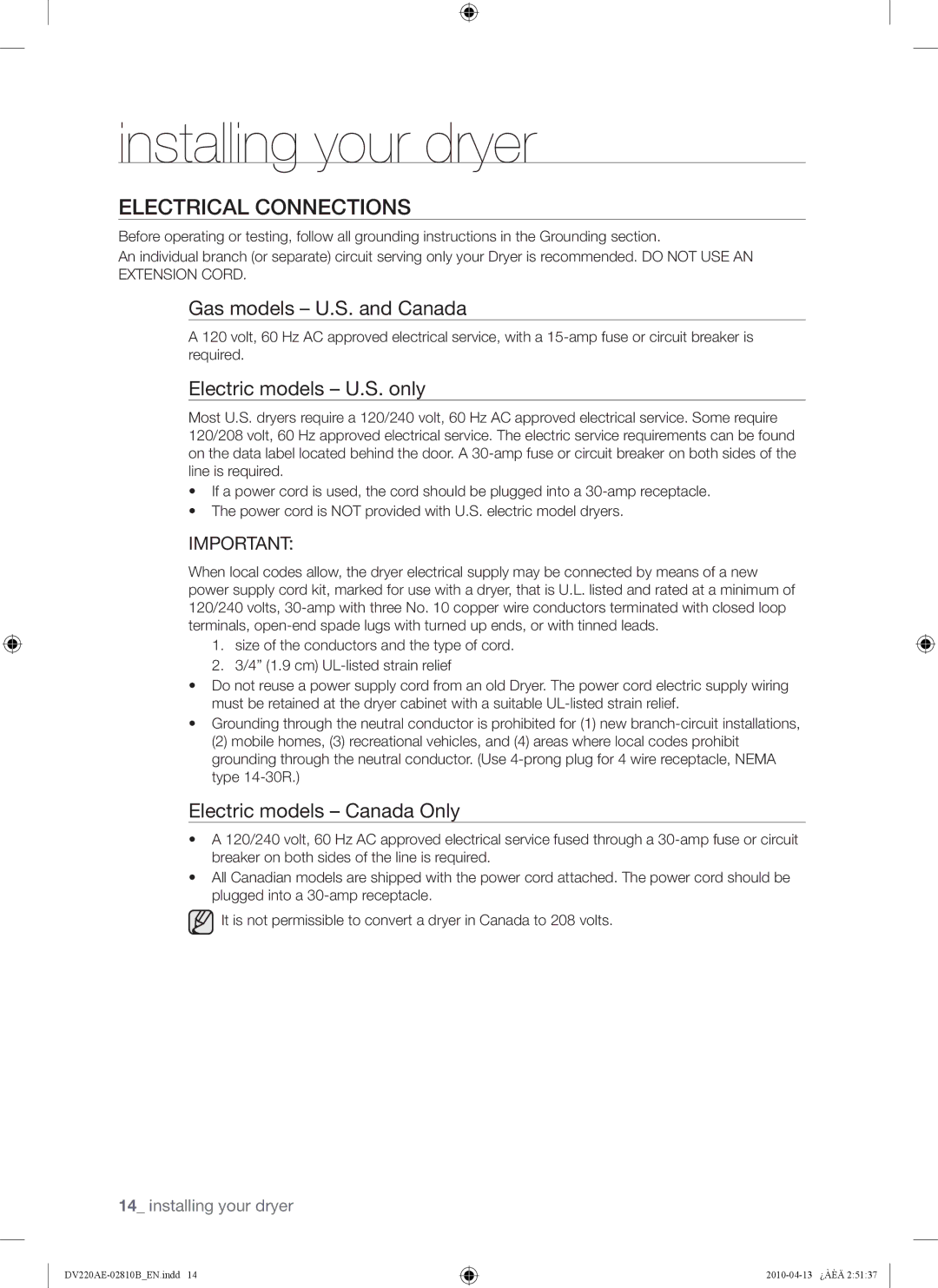 Samsung DV210AEW, DV220AEW, DV220AE-02810B Electrical Connections, Gas models U.S. and Canada, Electric models U.S. only 