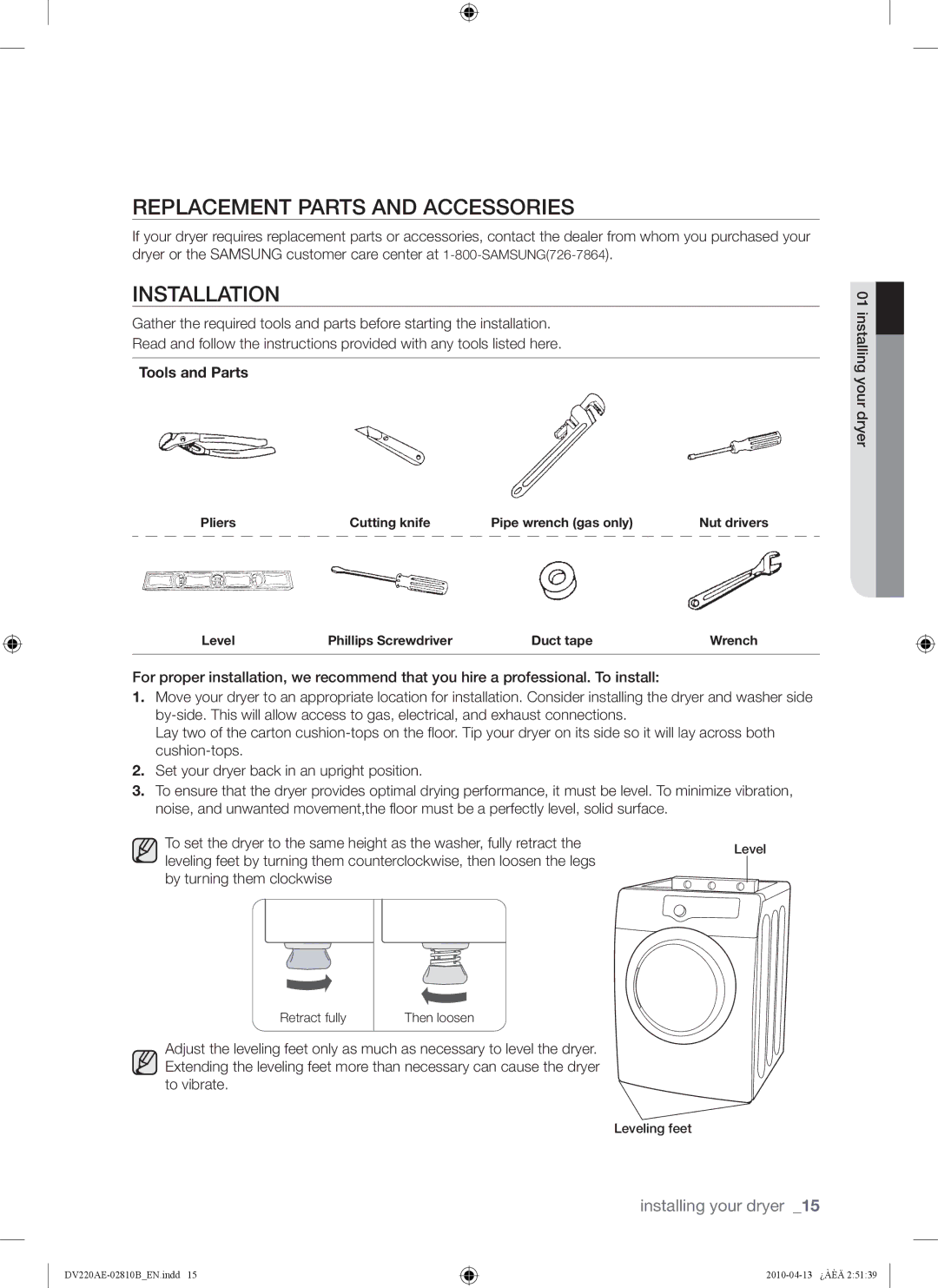 Samsung DV220AEW, DV220AE-02810B, DV210AEW user manual Replacement Parts and Accessories, Installation, Tools and Parts 