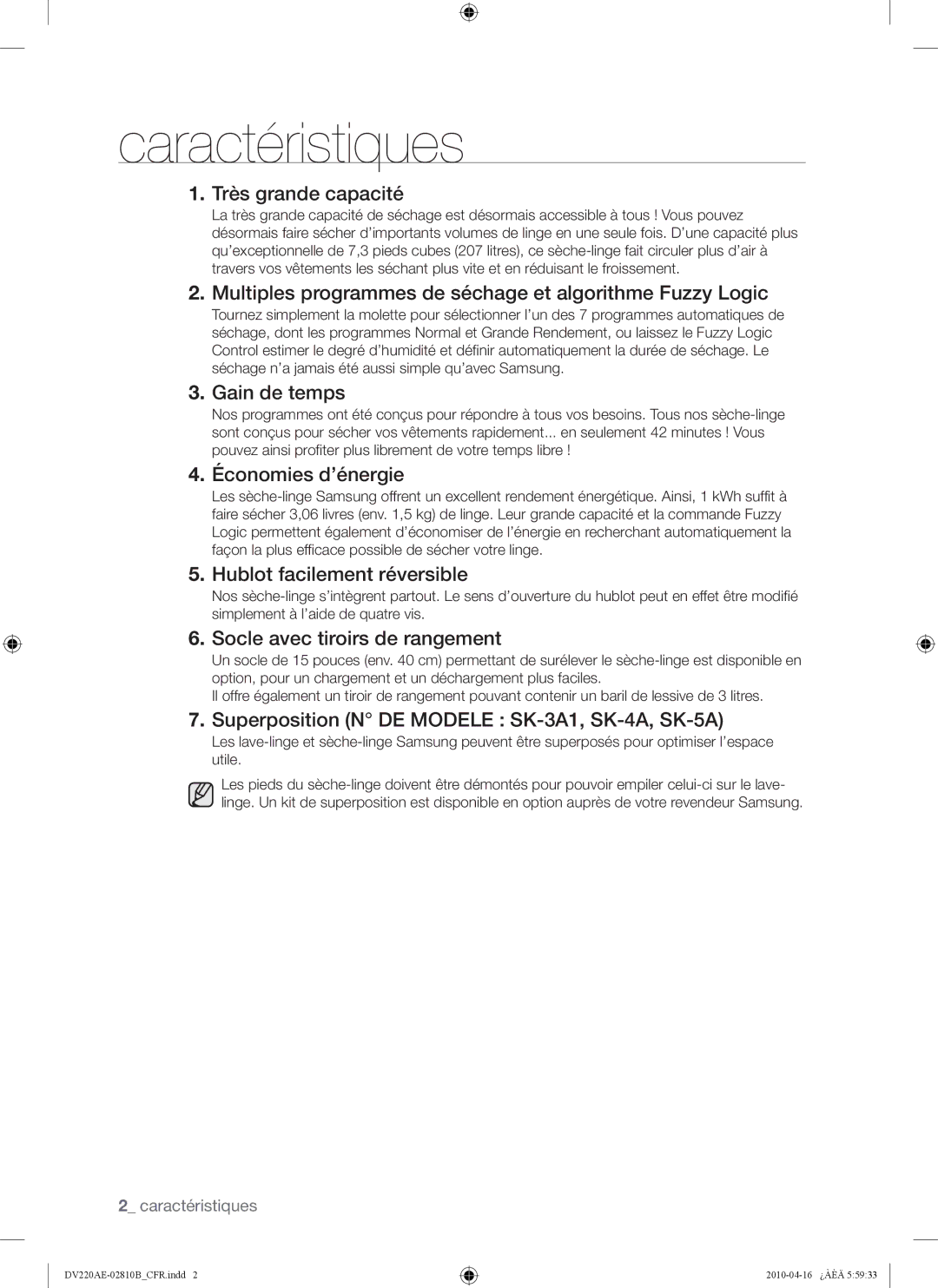 Samsung DV220AEW, DV220AE-02810B, DV210AEW user manual Caractéristiques 