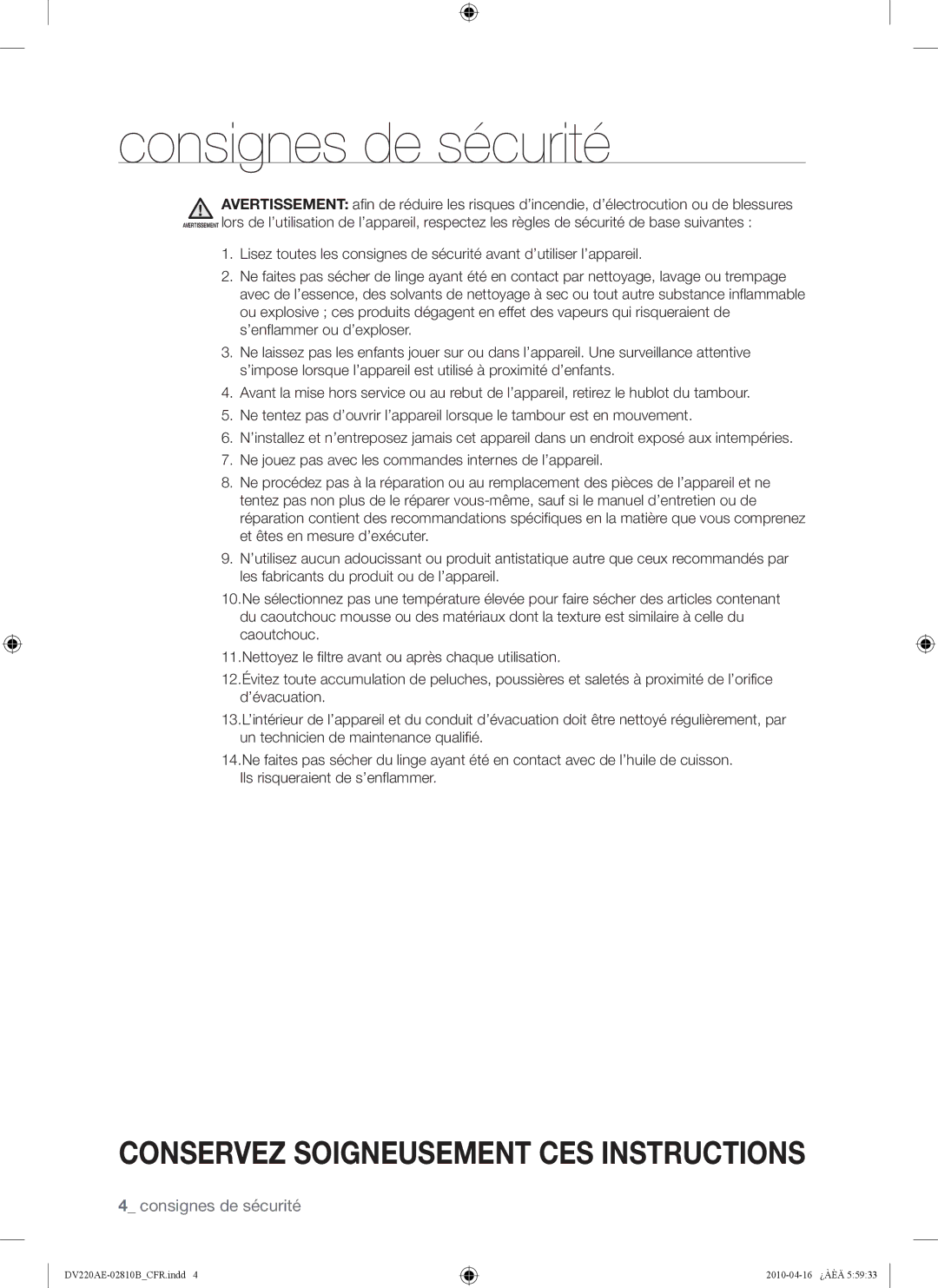 Samsung DV210AEW, DV220AEW, DV220AE-02810B user manual Consignes de sécurité 