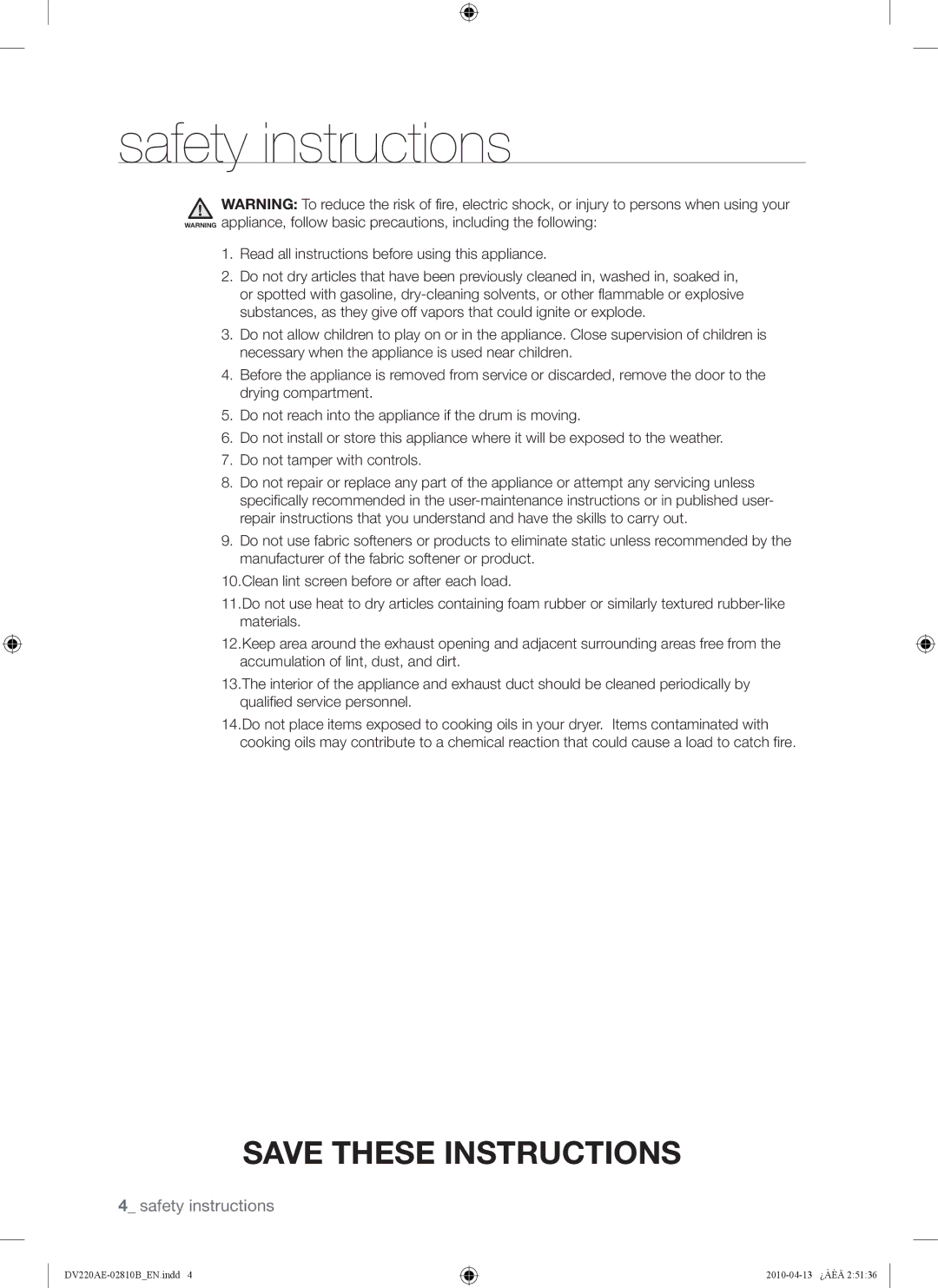 Samsung DV220AE-02810B, DV220AEW, DV210AEW user manual Safety instructions 