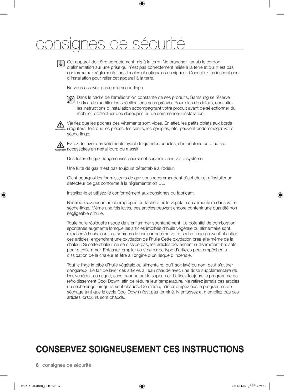 Samsung DV220AE-02810B, DV220AEW, DV210AEW user manual Consignes de sécurité 