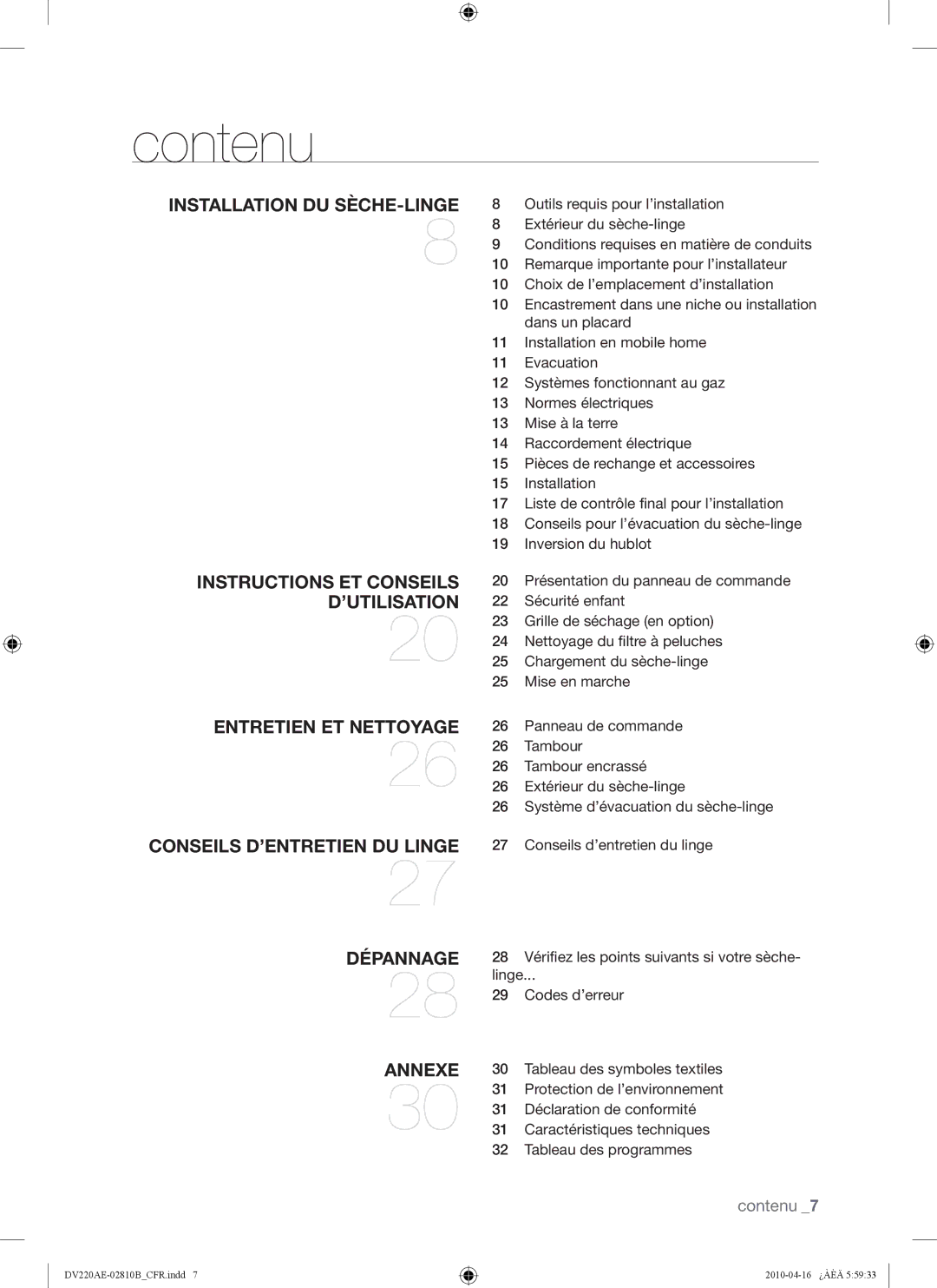 Samsung DV210AEW, DV220AEW, DV220AE-02810B user manual Contenu, Installation DU SÈCHE-LINGE 