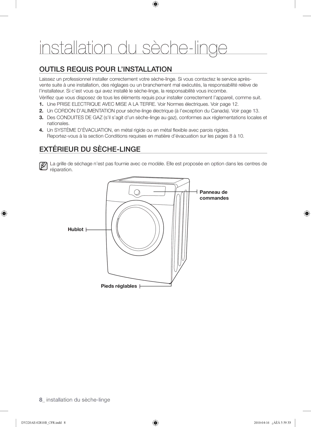 Samsung DV220AEW, DV220AE-02810B Installation du sèche-linge, Outils Requis Pour L’INSTALLATION, Extérieur DU SÈCHE-LINGE 