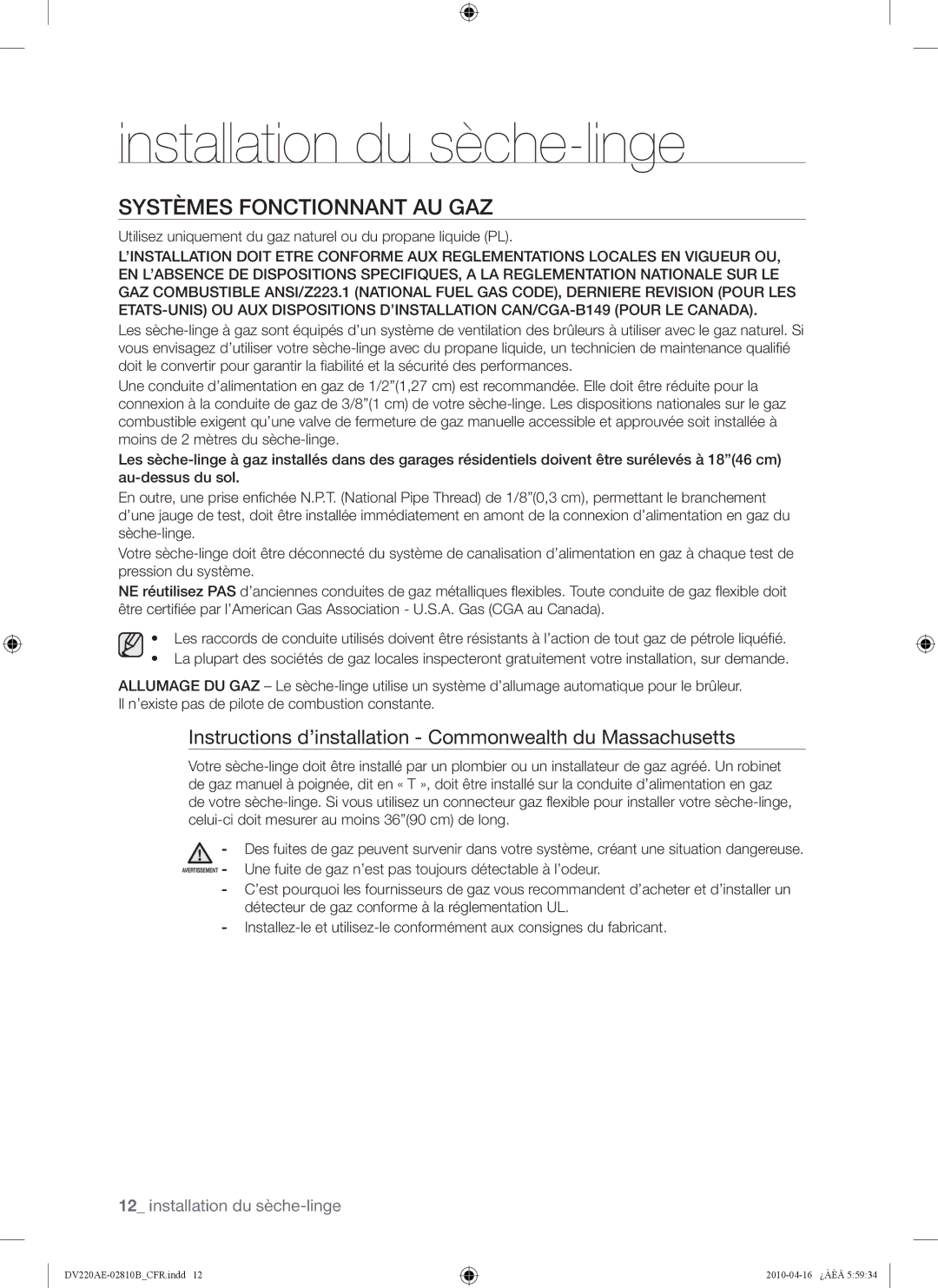 Samsung DV220AE-02810B, DV220AEW Systèmes Fonctionnant AU GAZ, Instructions d’installation Commonwealth du Massachusetts 