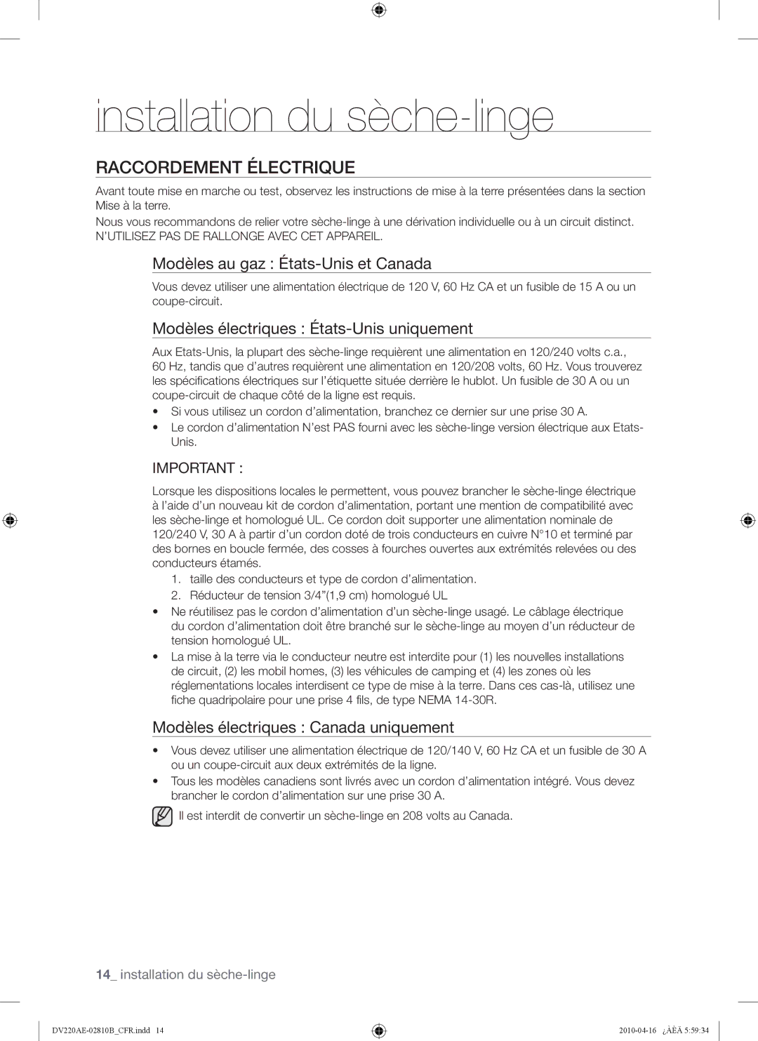 Samsung DV220AEW Raccordement Électrique, Modèles au gaz États-Unis et Canada, Modèles électriques États-Unis uniquement 