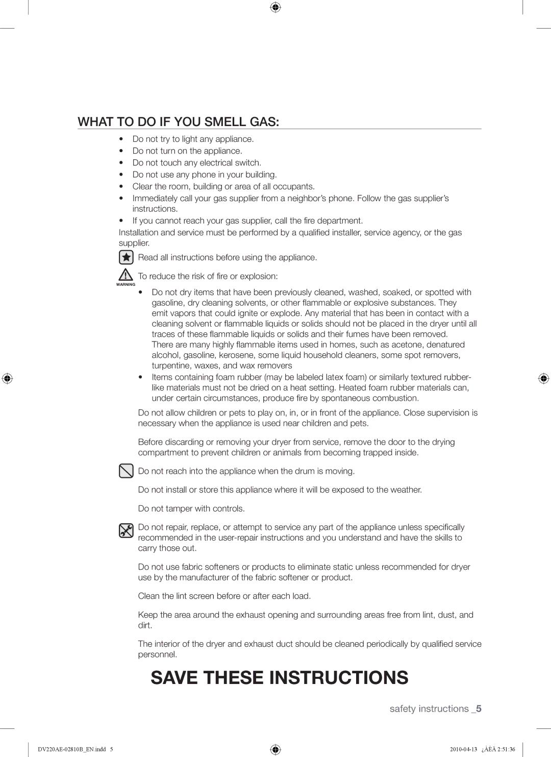 Samsung DV210AEW, DV220AEW, DV220AE-02810B user manual What to do if YOU Smell GAS 