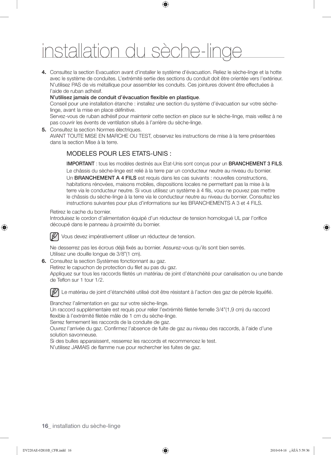 Samsung DV210AEW, DV220AEW, DV220AE-02810B user manual Modeles Pour LES ETATS-UNIS 