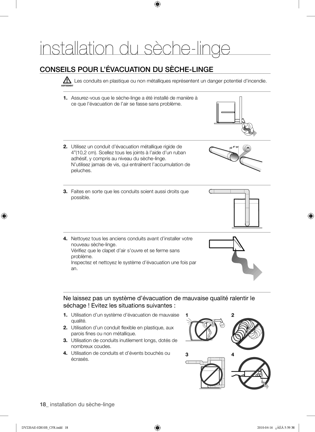 Samsung DV220AE-02810B, DV220AEW, DV210AEW user manual Conseils Pour L’ÉVACUATION DU SÈCHE-LINGE 