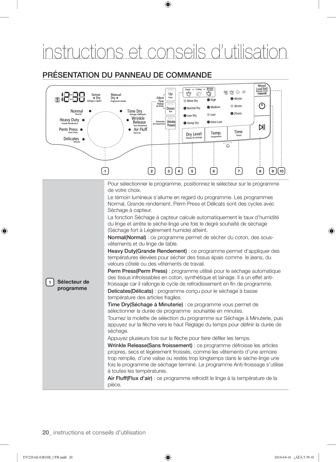 Samsung DV220AEW, DV220AE-02810B, DV210AEW user manual Présentation DU Panneau DE Commande, Sélecteur de programme 