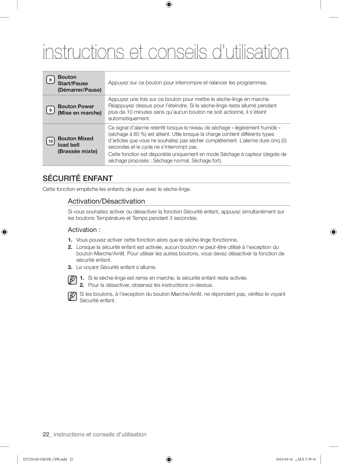 Samsung DV210AEW, DV220AEW, DV220AE-02810B user manual Sécurité Enfant, Activation/Désactivation 