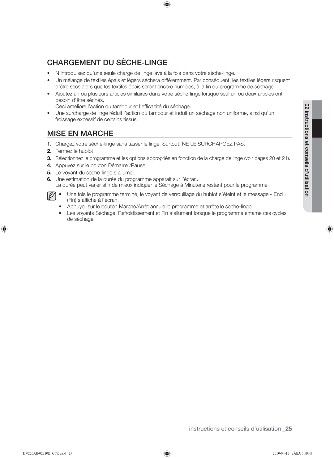 Samsung DV210AEW, DV220AEW, DV220AE-02810B user manual Chargement DU SÈCHE-LINGE, Mise EN Marche 