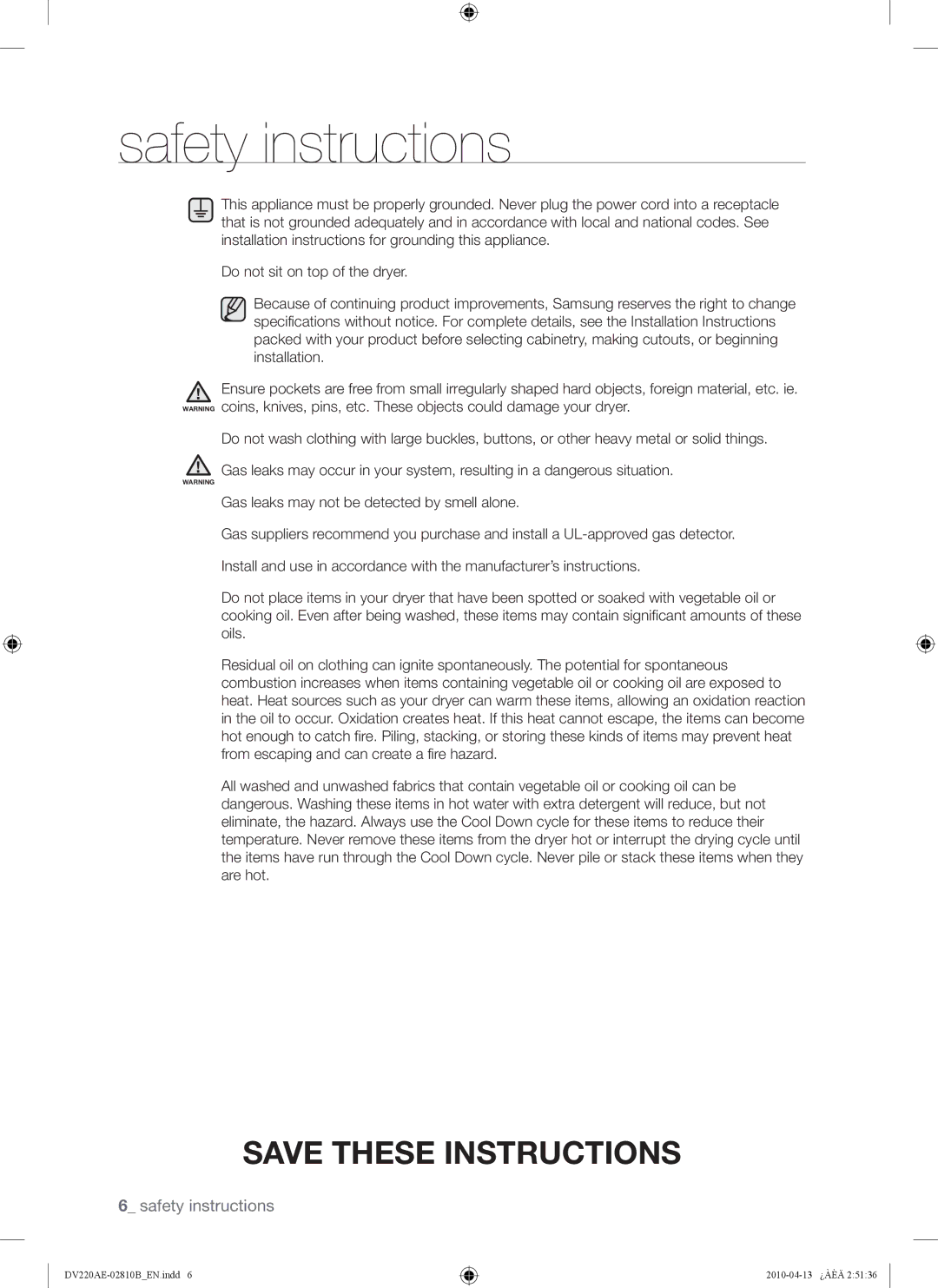 Samsung DV220AEW, DV220AE-02810B, DV210AEW user manual Safety instructions 