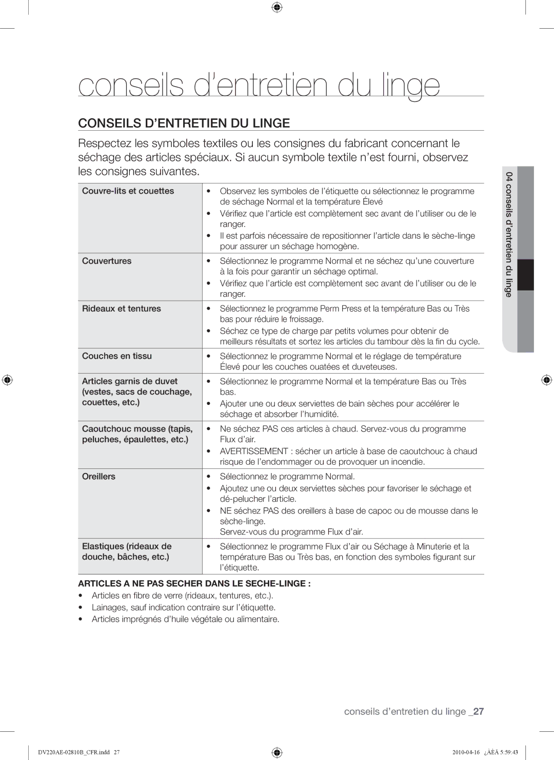 Samsung DV220AE-02810B, DV220AEW, DV210AEW user manual Conseils d’entretien du linge, Conseils D’ENTRETIEN DU Linge 