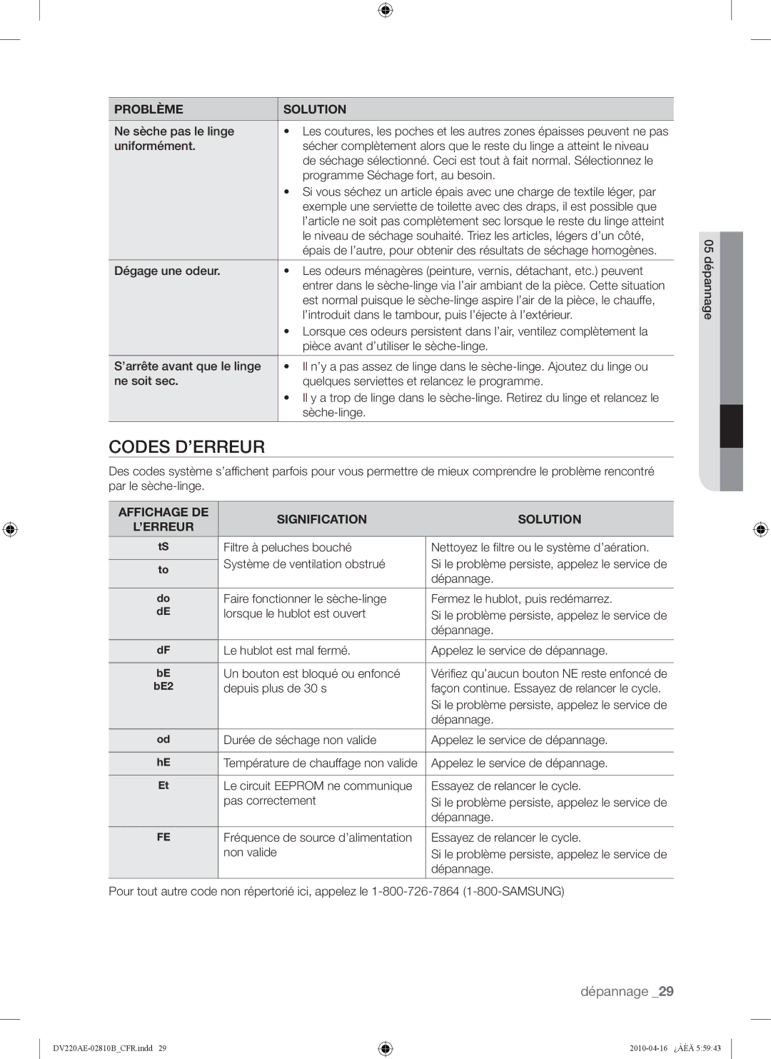 Samsung DV220AEW, DV220AE-02810B, DV210AEW user manual Codes D’ERREUR, Affichage DE Signification Solution ’ERREUR 