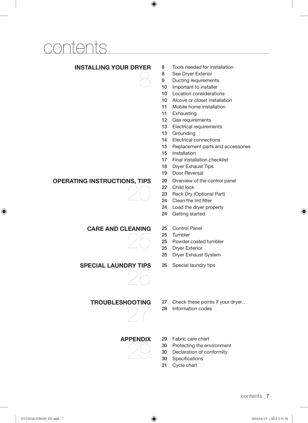 Samsung DV220AE-02810B, DV220AEW, DV210AEW user manual Contents 