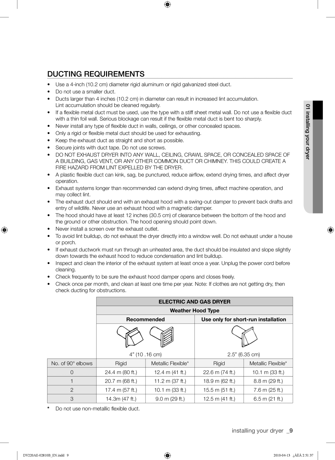 Samsung DV220AEW, DV220AE-02810B, DV210AEW user manual Ducting Requirements, Electric and GAS Dryer, Weather Hood Type 