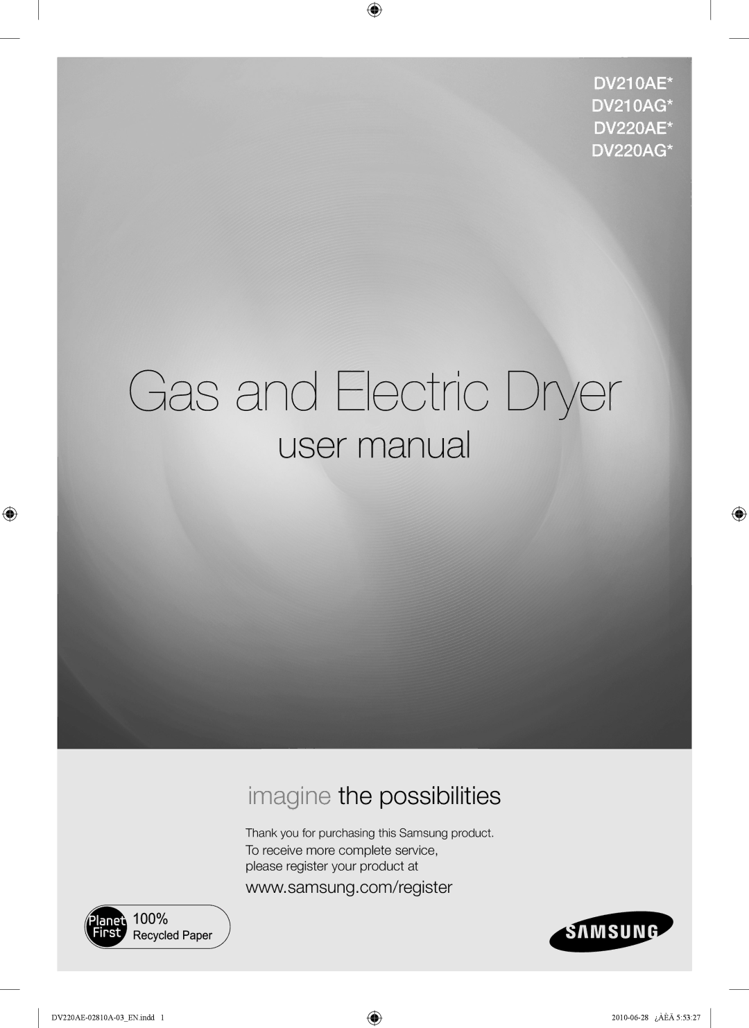 Samsung DV220AE*, DV220AG*, DV210AG* user manual Gas and Electric Dryer, Thank you for purchasing this Samsung product 