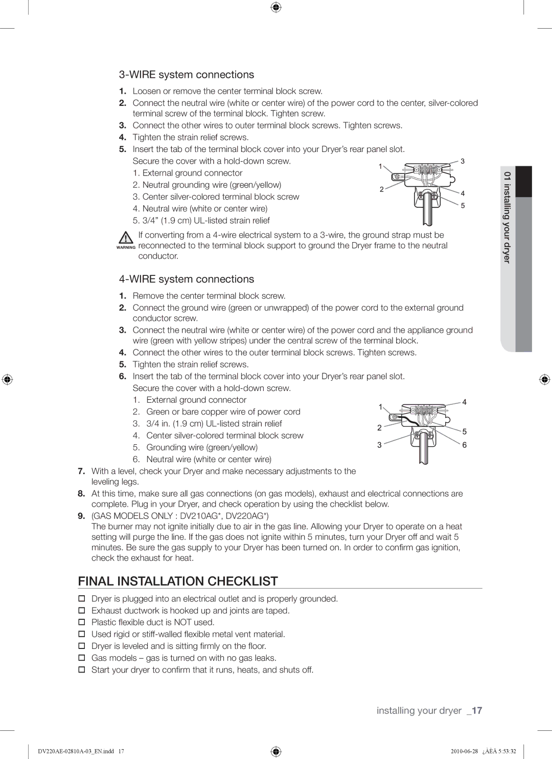 Samsung DV210AG*, DV220AG*, DV220AE*, DV210AE* user manual Final Installation Checklist, Wire system connections, Conductor 