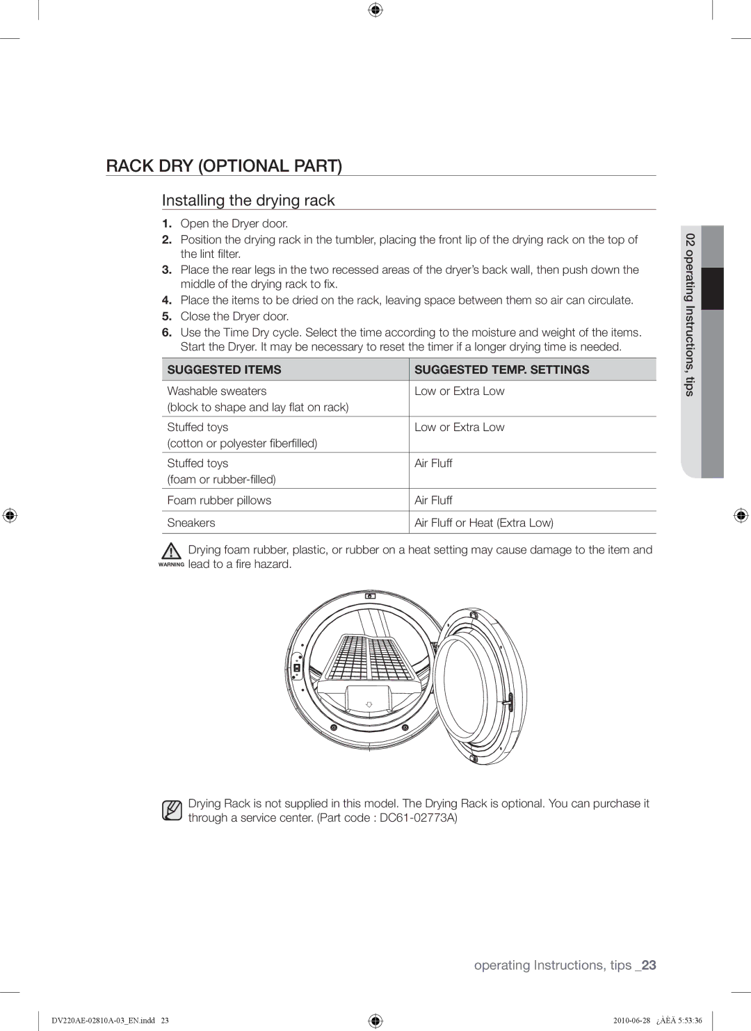 Samsung DV210AE*, DV220AG* Rack DRY Optional Part, Installing the drying rack, Suggested Items Suggested TEMP. Settings 
