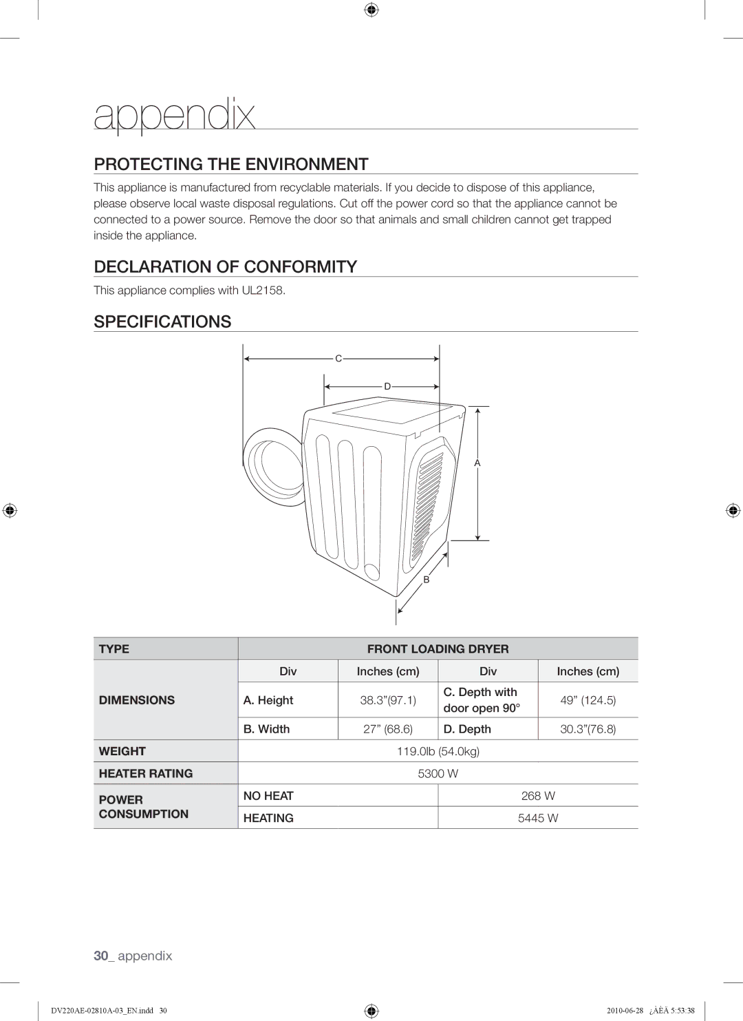 Samsung DV220AG*, DV220AE*, DV210AG*, DV210AE* Protecting the Environment, Declaration of Conformity, Specifications 