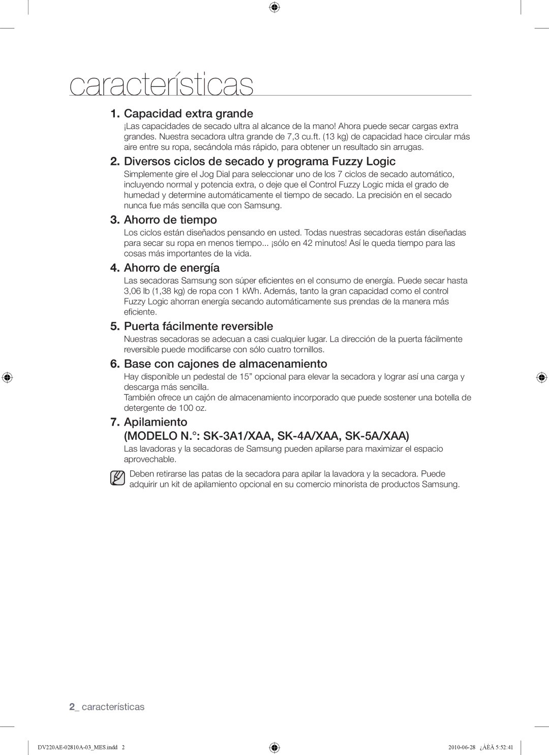 Samsung DV220AE*, DV220AG*, DV210AG*, DV210AE* user manual Características 