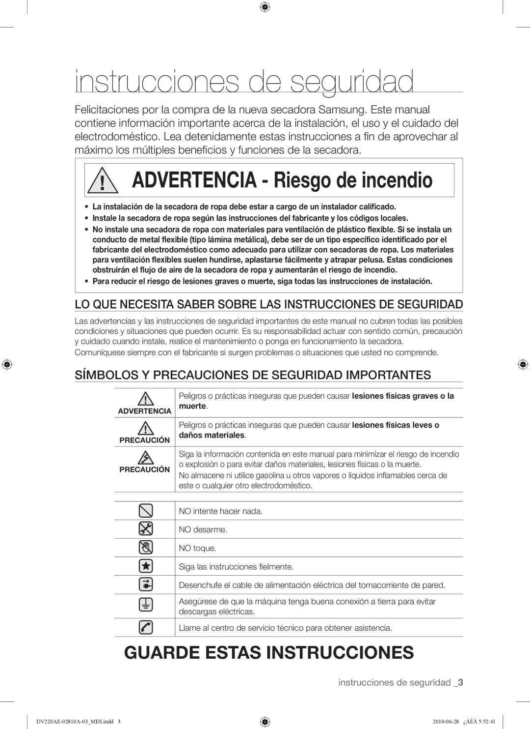 Samsung DV210AG*, DV220AG* Instrucciones de seguridad, LO QUE Necesita Saber Sobre LAS Instrucciones DE Seguridad, Muerte 