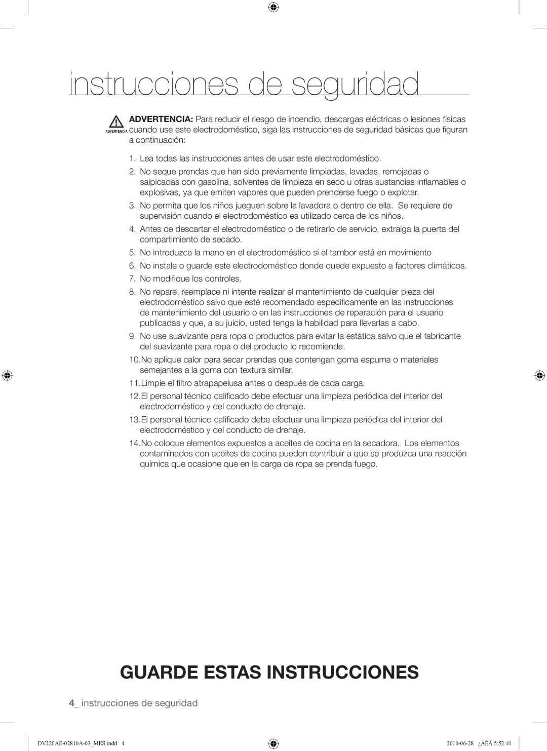 Samsung DV210AE*, DV220AG*, DV220AE*, DV210AG* user manual Instrucciones de seguridad 