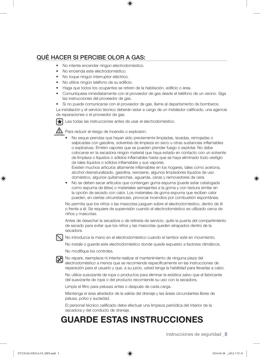 Samsung DV220AG*, DV220AE*, DV210AG*, DV210AE* user manual QUÉ Hacer SI Percibe Olor a GAS 