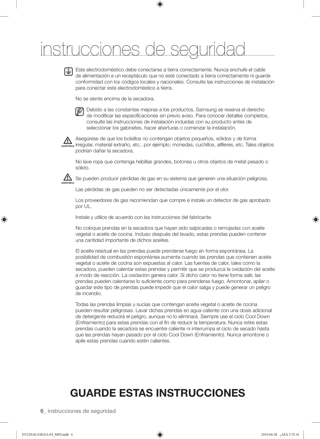 Samsung DV220AG*, DV220AE*, DV210AG*, DV210AE* user manual Advertencia 