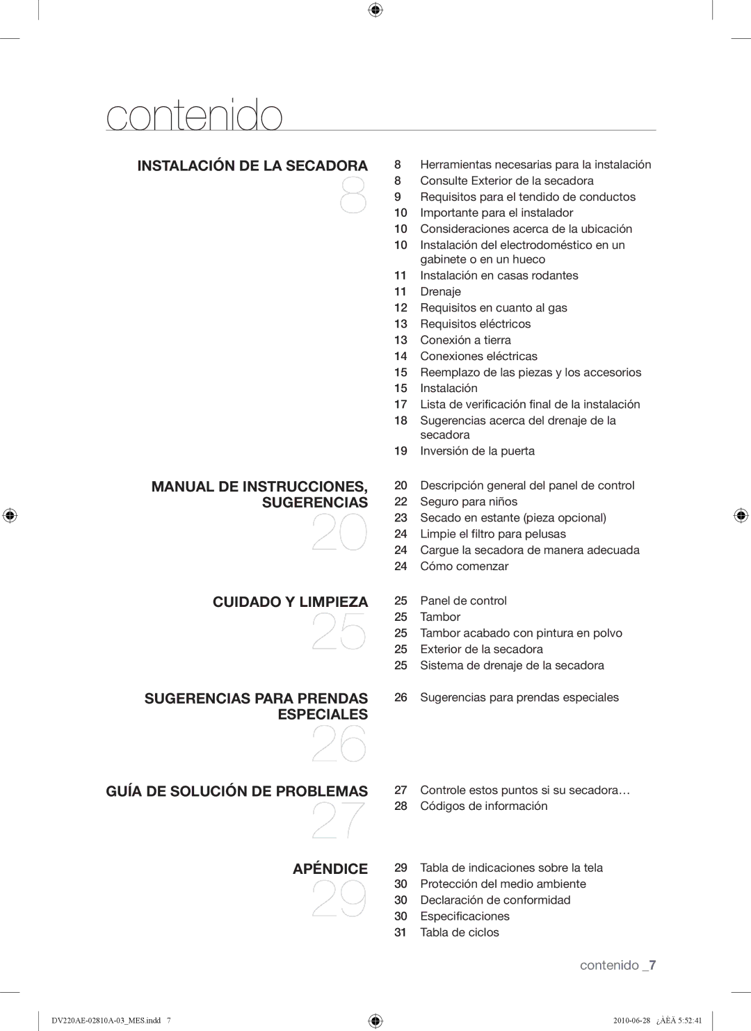 Samsung DV220AE*, DV220AG*, DV210AG*, DV210AE* user manual Contenido, Instalación DE LA Secadora 