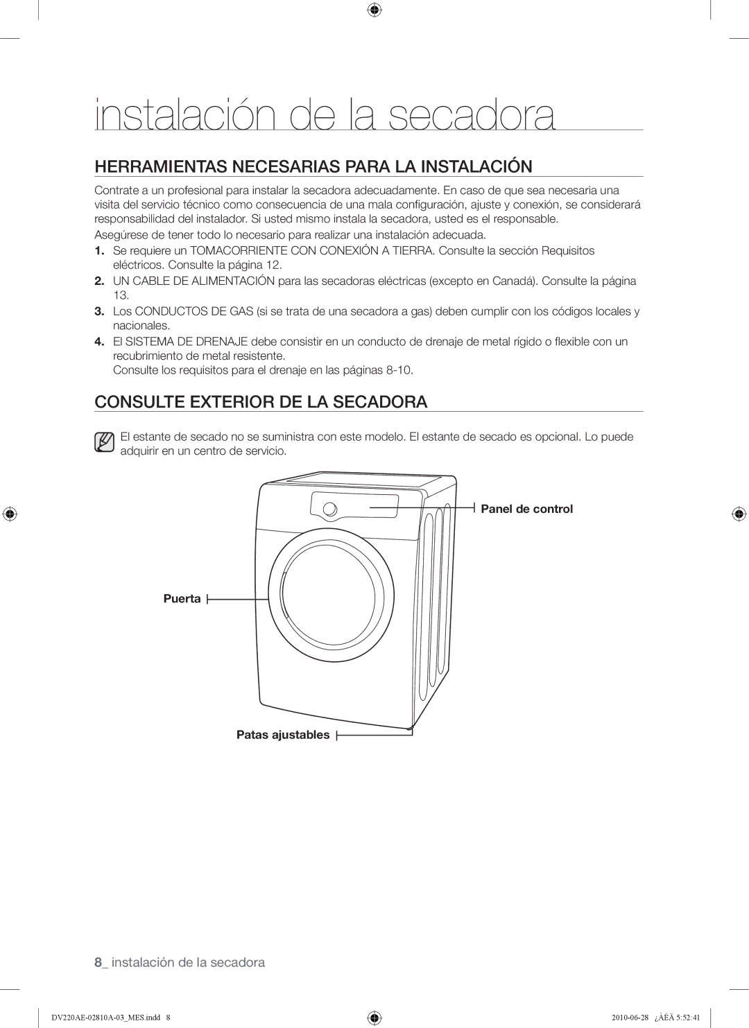 Samsung DV210AG* Instalación de la secadora, Herramientas Necesarias Para LA Instalación, Consulte Exterior DE LA Secadora 