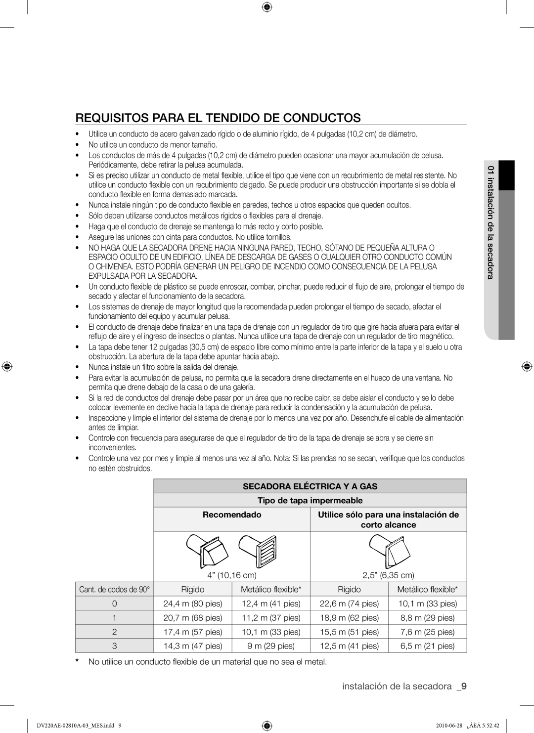 Samsung DV210AE*, DV220AG*, DV220AE* Requisitos Para EL Tendido DE Conductos, Secadora Eléctrica Y a GAS, 10,16 cm 6,35 cm 