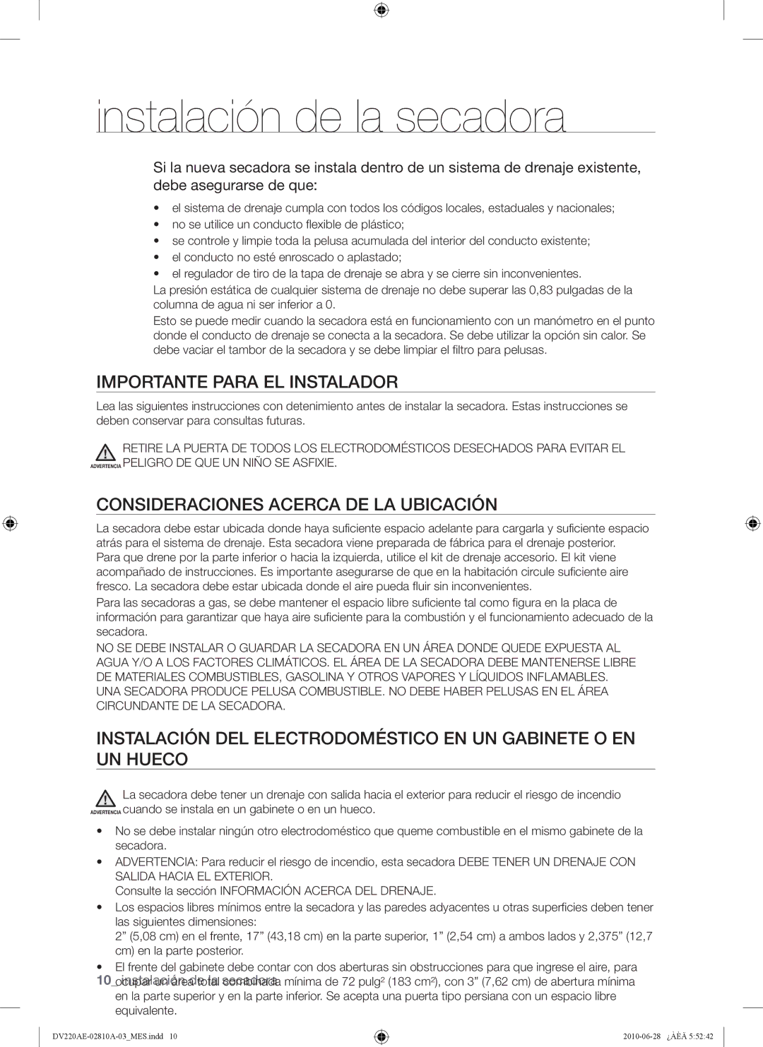 Samsung DV220AG*, DV220AE*, DV210AG*, DV210AE* Importante Para EL Instalador, Consideraciones Acerca DE LA Ubicación 