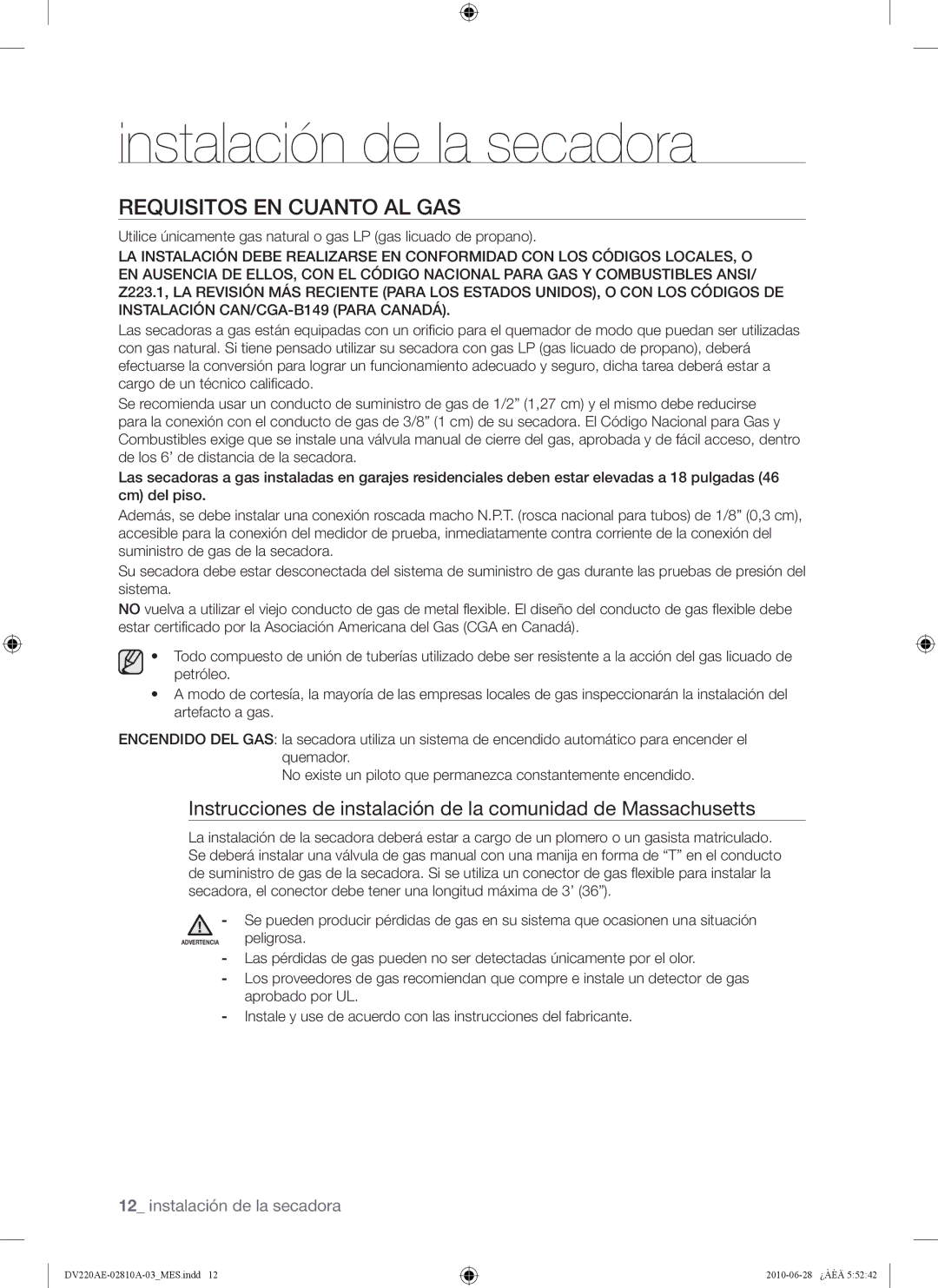 Samsung DV220AE*, DV220AG*, DV210AG*, DV210AE* user manual Requisitos EN Cuanto AL GAS 