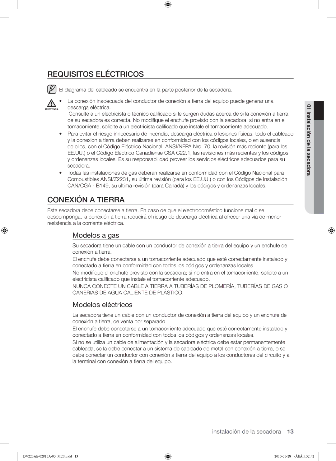 Samsung DV210AG*, DV220AG* Requisitos Eléctricos, Conexión a Tierra, Modelos a gas, Modelos eléctricos, Descarga eléctrica 