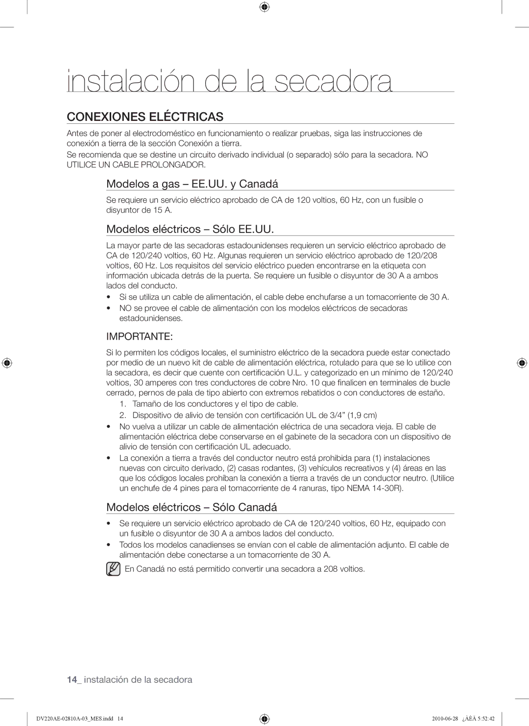 Samsung DV210AE*, DV220AG*, DV220AE* Conexiones Eléctricas, Modelos a gas EE.UU. y Canadá, Modelos eléctricos Sólo EE.UU 