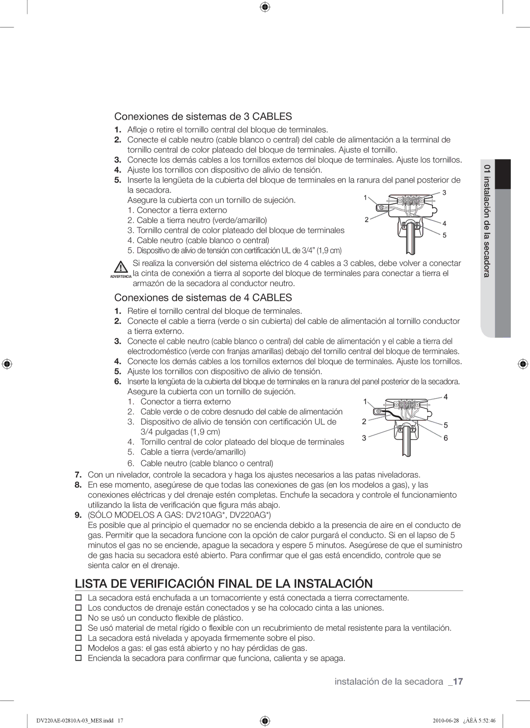 Samsung DV220AE*, DV220AG*, DV210AG* Lista DE Verificación Final DE LA Instalación, Conexiones de sistemas de 3 Cables 