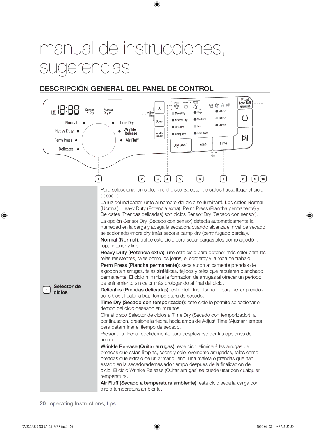 Samsung DV220AG*, DV220AE*, DV210AG*, DV210AE* user manual Descripción General DEL Panel DE Control, Selector de Ciclos 