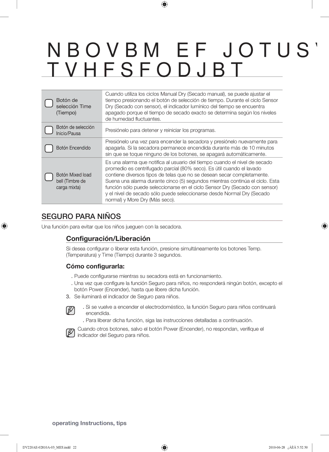 Samsung DV220AE*, DV220AG*, DV210AG*, DV210AE* user manual Seguro Para Niños, Configuración/Liberación, Cómo configurarla 