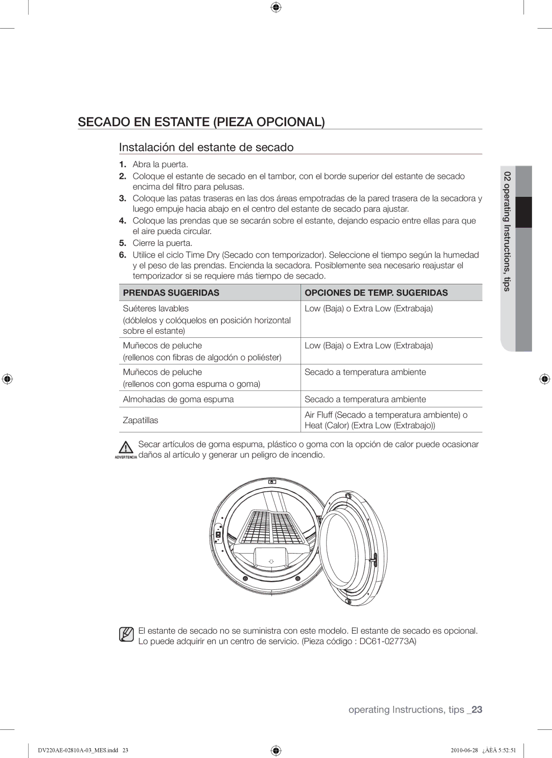 Samsung DV210AG*, DV220AG*, DV220AE*, DV210AE* user manual Secado EN Estante Pieza Opcional, Instalación del estante de secado 