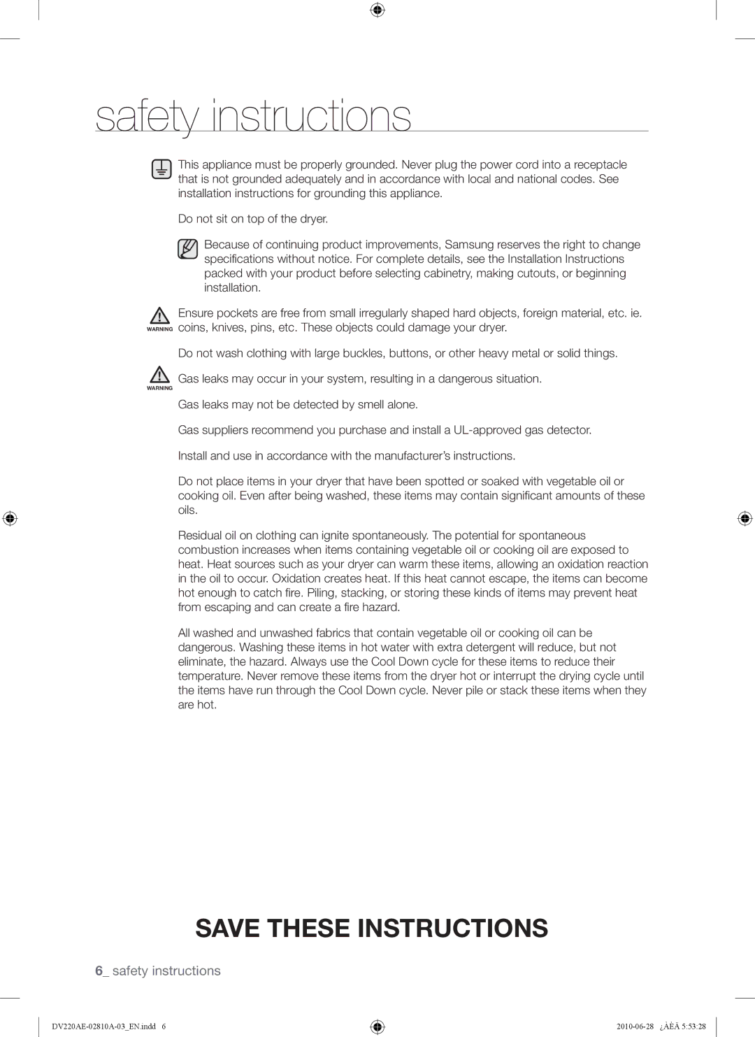 Samsung DV220AE*, DV220AG*, DV210AG*, DV210AE* user manual Safety instructions 