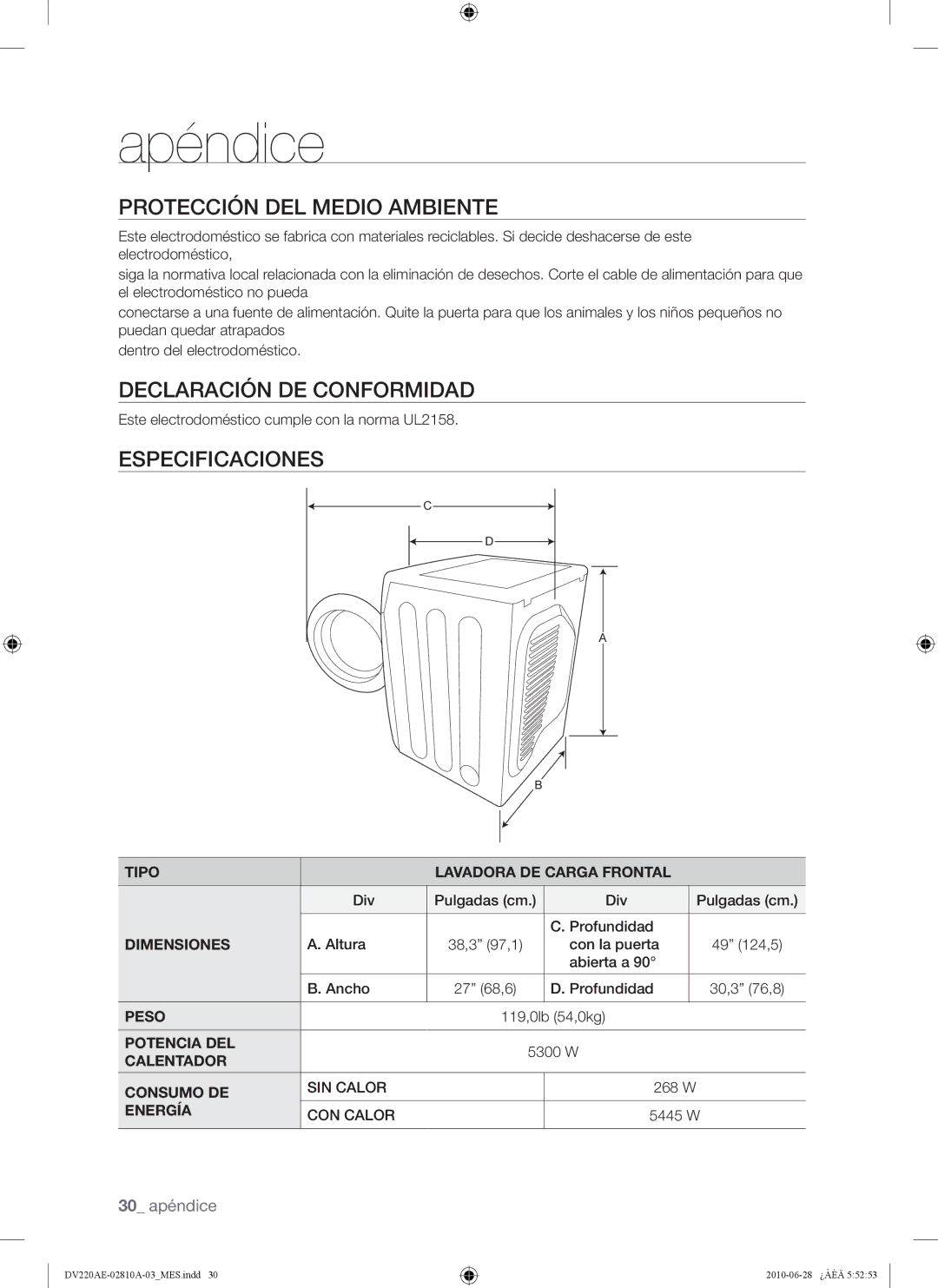 Samsung DV220AG*, DV220AE*, DV210AG* Protección DEL Medio Ambiente, Declaración DE Conformidad, Especificaciones 