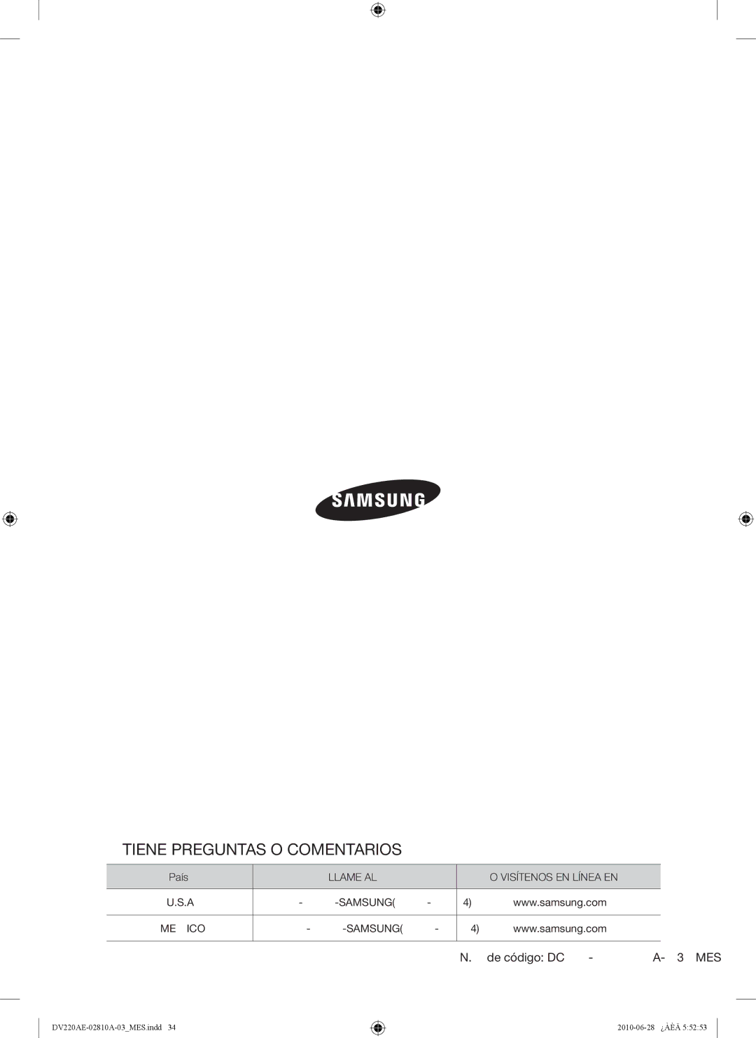 Samsung DV210AE*, DV220AG*, DV220AE*, DV210AG* user manual ¿TIENE Preguntas O COMENTARIOS? 