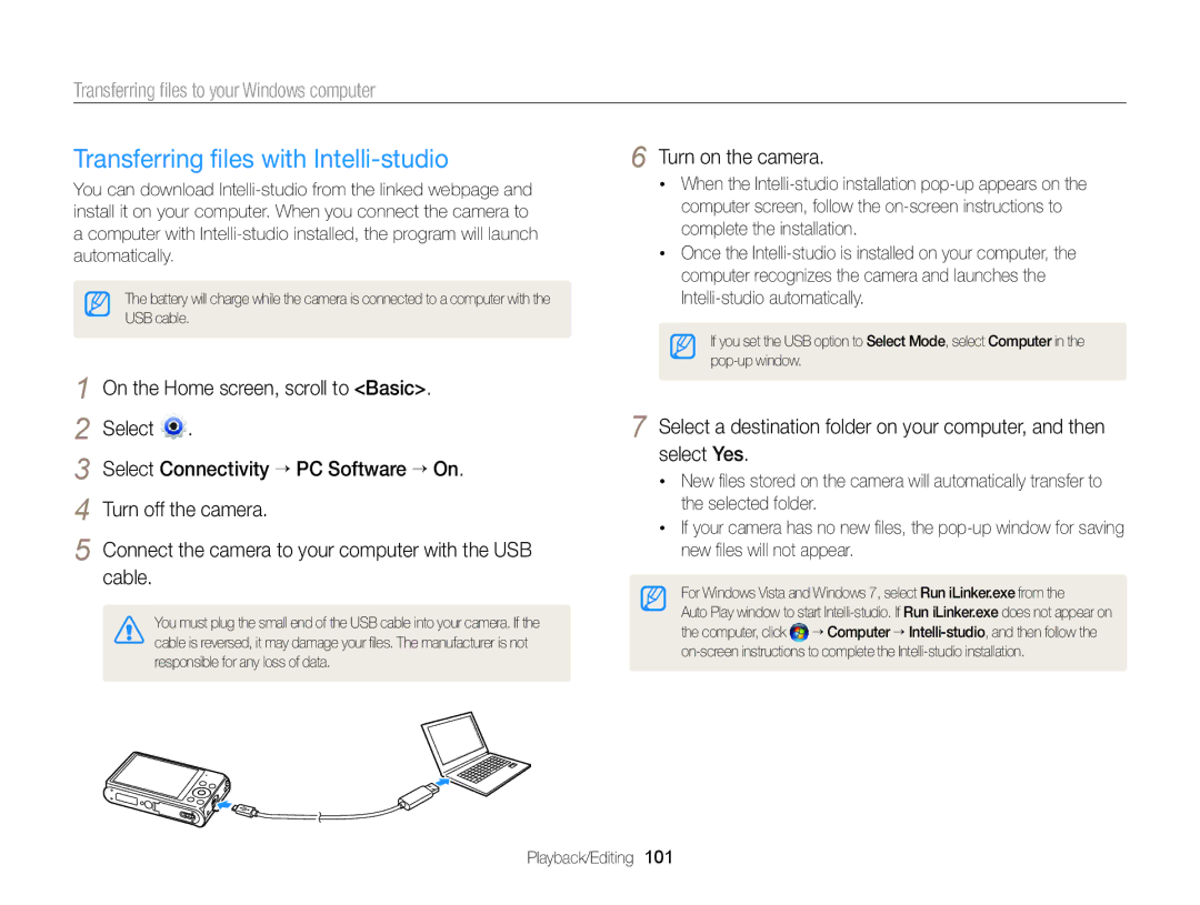 Samsung DV300 user manual Transferring ﬁles with Intelli-studio, Transferring ﬁles to your Windows computer 