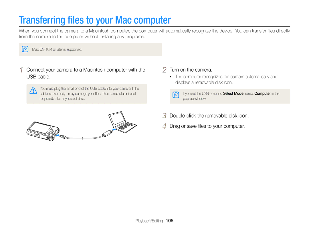 Samsung DV300 user manual Transferring ﬁles to your Mac computer 